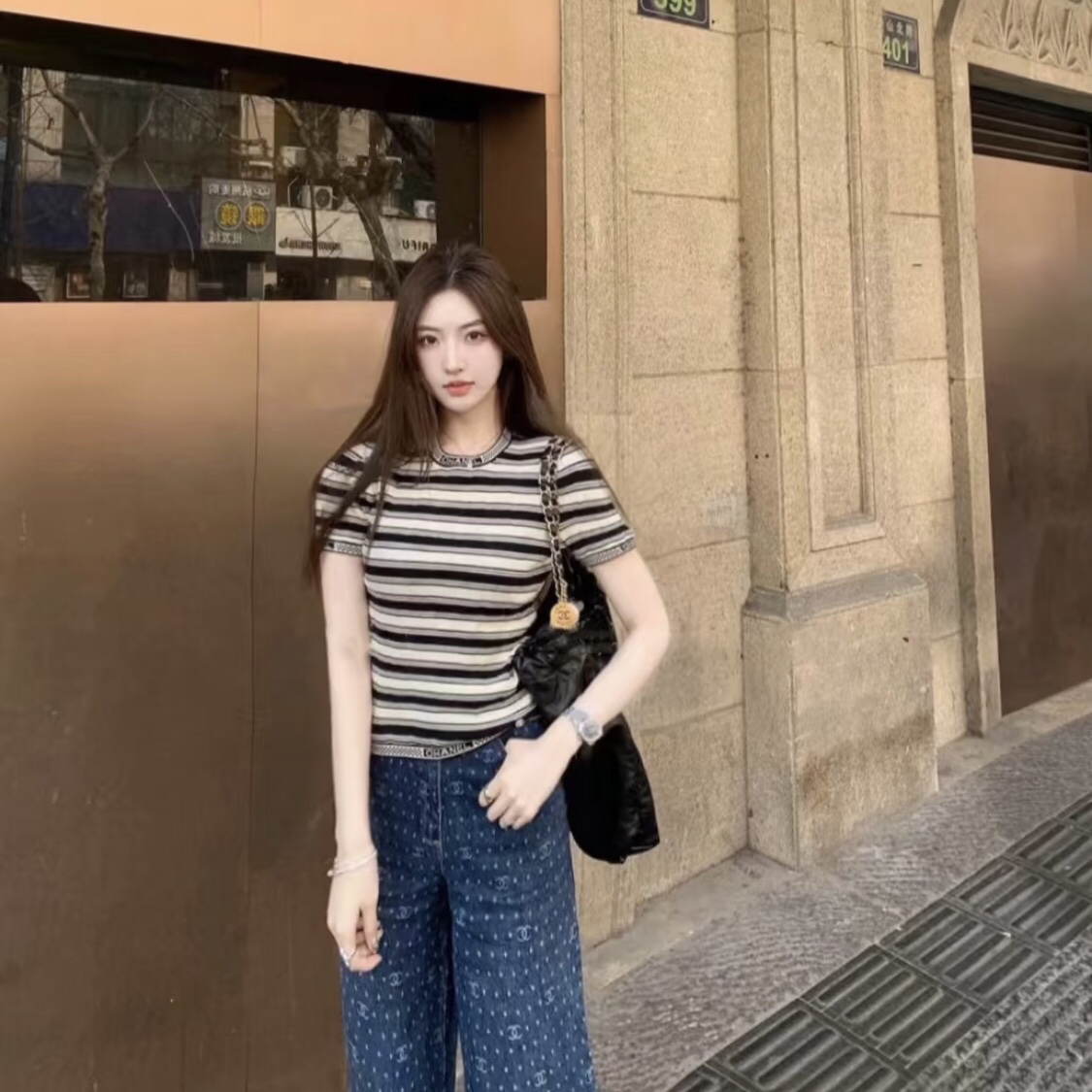 99新 Chanel/香奈儿 黑白条纹针织款短袖 38码 GM004500