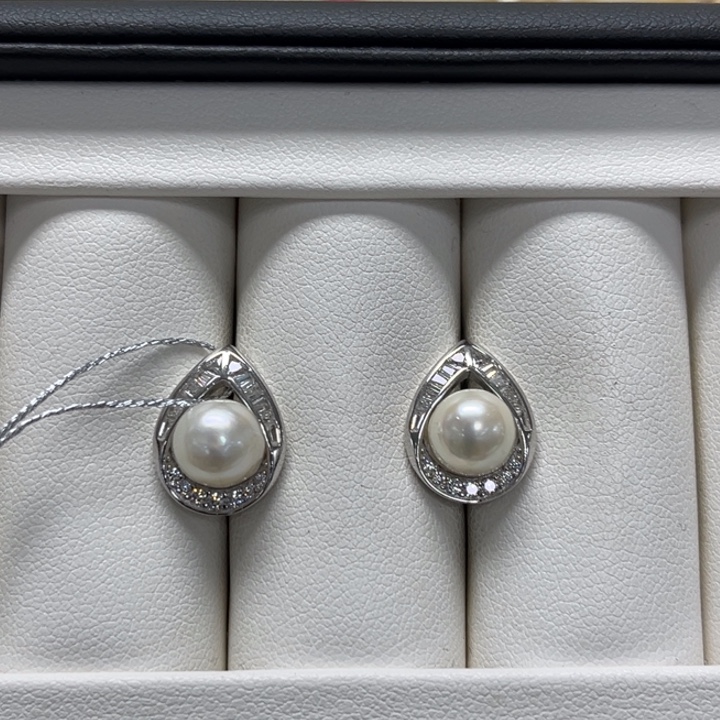 海水珍珠耳饰银S925镶嵌AK 7-8mm 10号