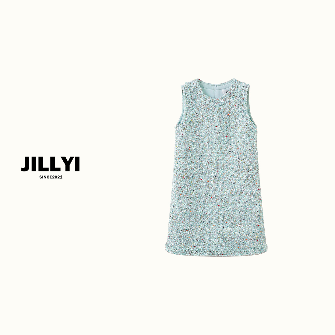 JILLYI南山店【薄荷青柚】薄荷绿扎染圆领时尚连衣裙秋气质季百搭