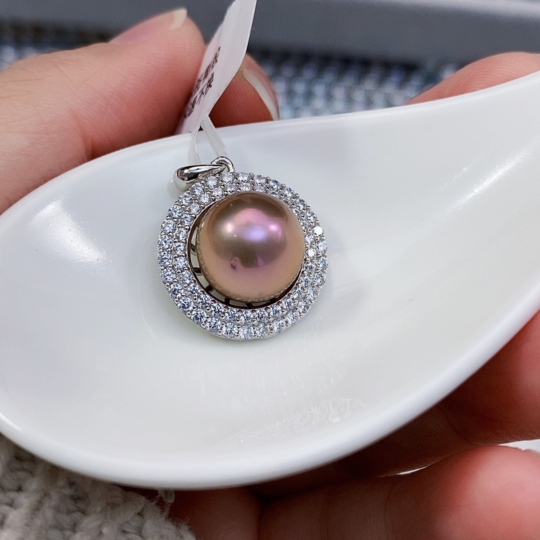 淡水珍珠特价不退换紫珠吊坠银S925镶嵌