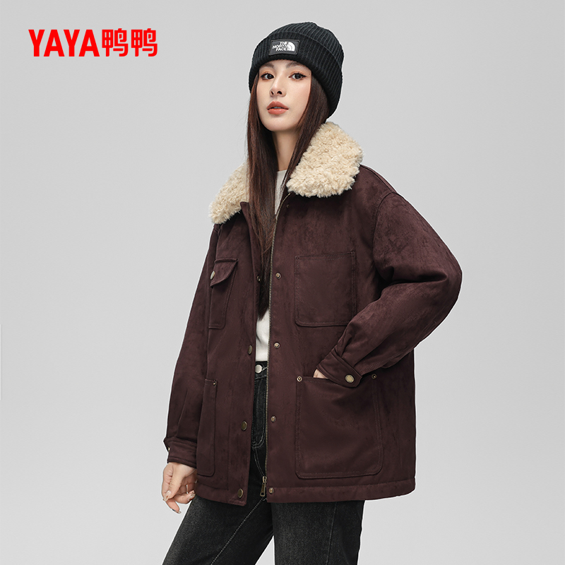 YAYA/鸭鸭2025年春秋冬新款复古百搭雅丹风皮毛一体短款羽绒服