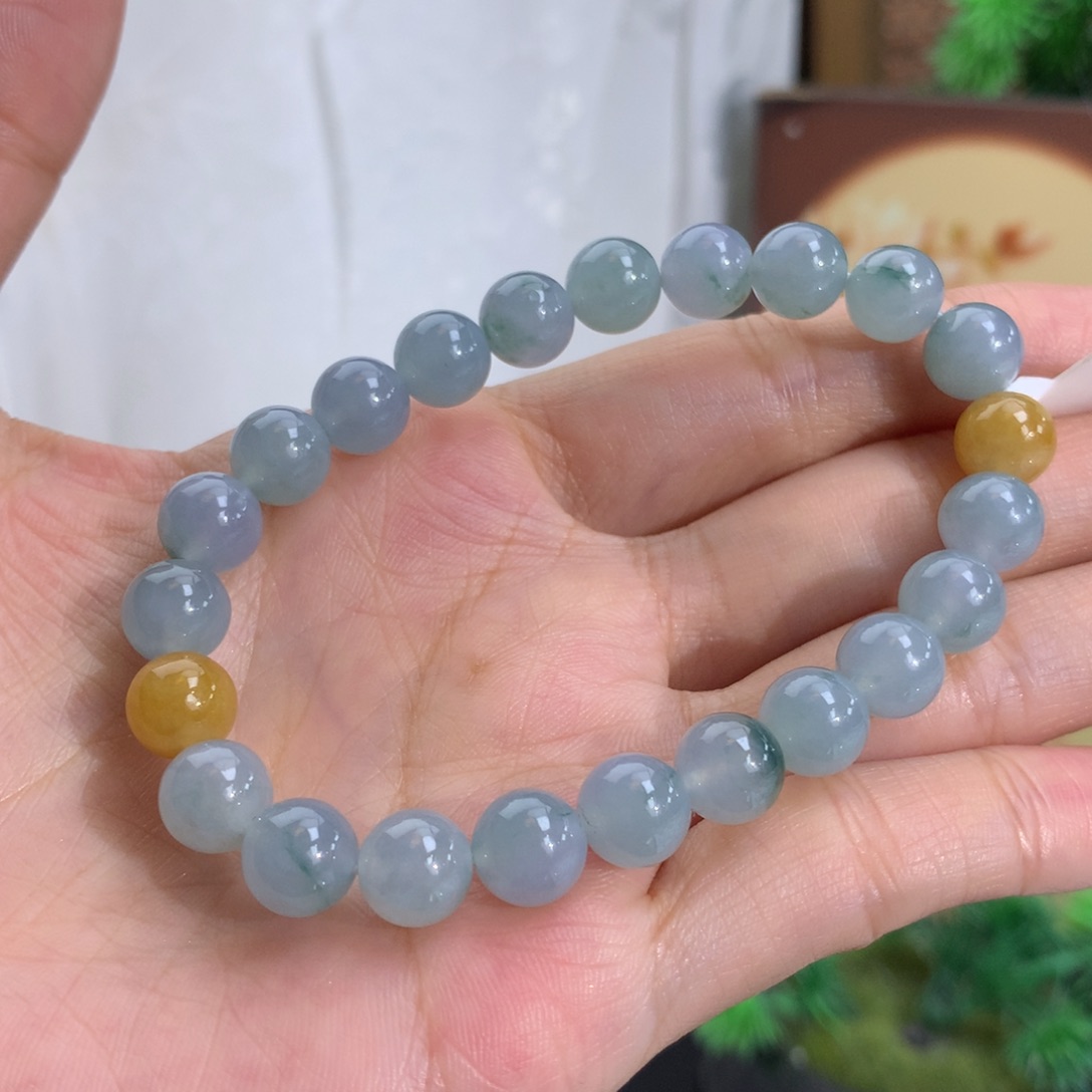 翡翠未镶嵌手串卡8胶润蓝飘花手串