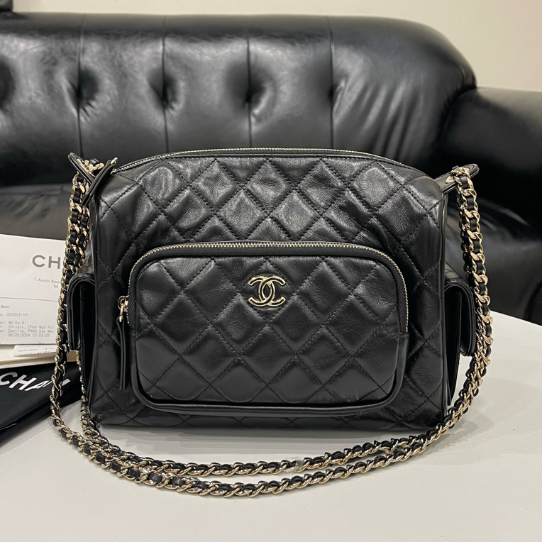 95新 Chanel/香奈儿 24k黑金羊皮相机包大号单肩包