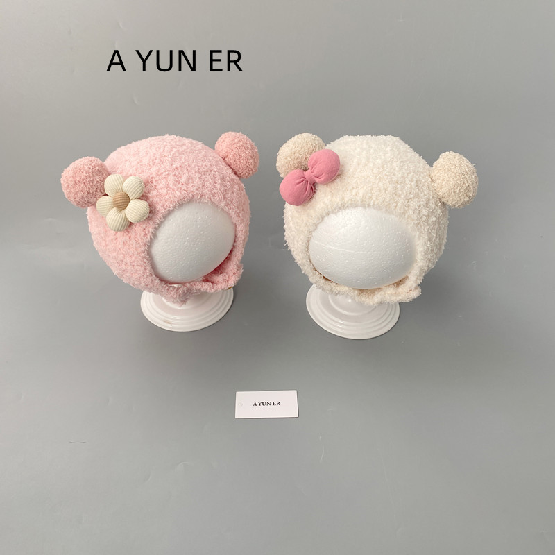 婴儿帽子秋冬季保暖加厚针织可爱毛绒帽男女宝宝小月龄护耳包脸帽