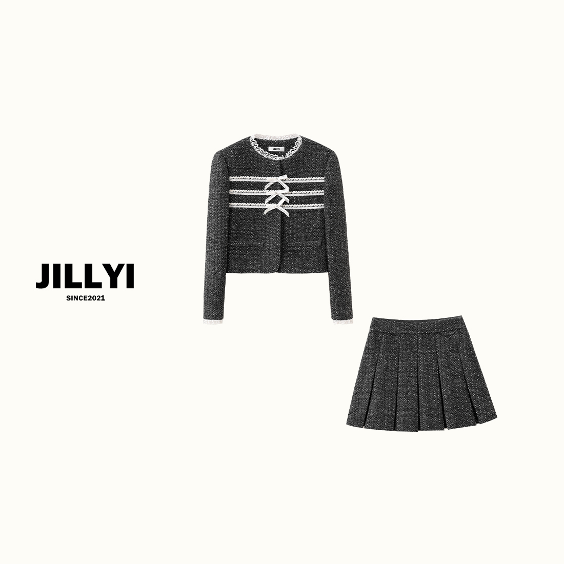 jillyi【千金玛德琳2.0】深灰色蕾丝边蝴蝶结外套+深灰色百褶裙套装