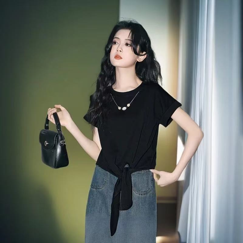 【晨浠定制】新款时尚百搭不规则系带设计感T恤331
