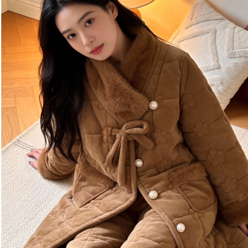 2025新款加绒加厚三层夹棉女士气质保暖可外穿家居服长款套装