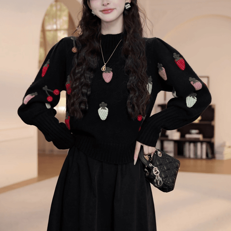 早秋新款草莓小樱桃毛衣长袖上衣女韩版休闲百搭显瘦针织上衣