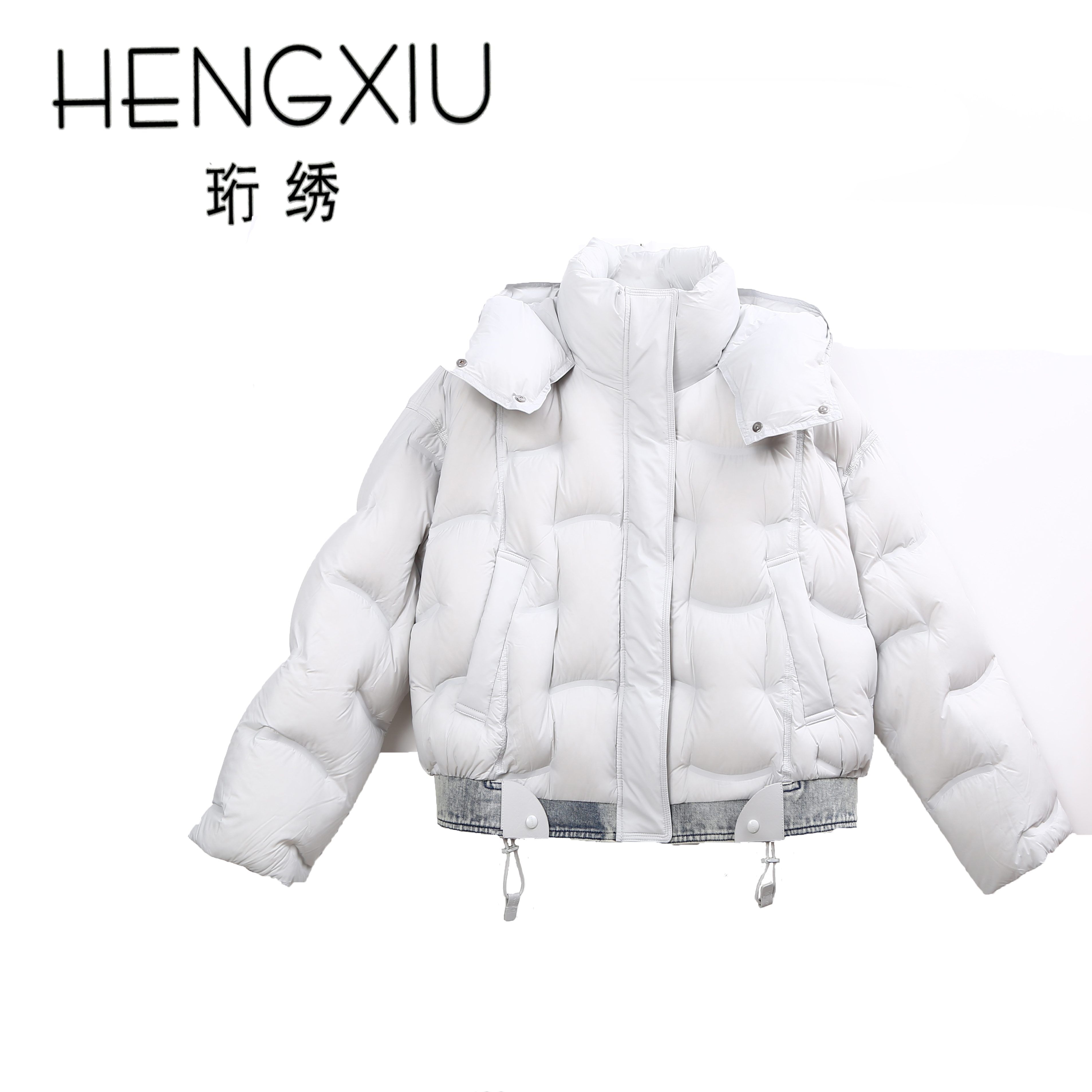 珩绣2025泡芙牛仔拼接90白鸭绒加厚百搭时尚羽绒服外套GJ7860-1