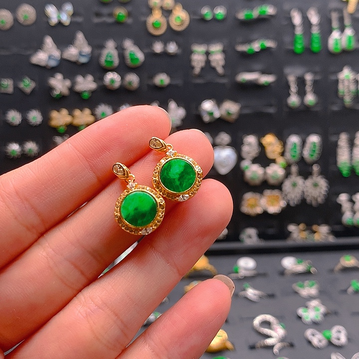 翡翠戒指银S925镶嵌耳钉