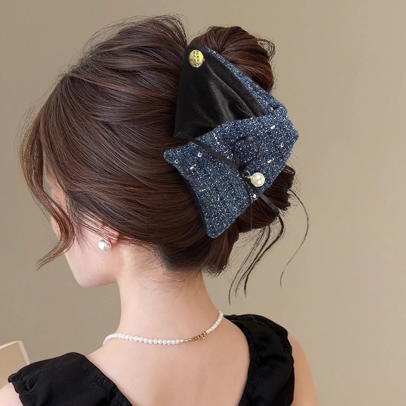 D101茉咔咔蓝色格子法式抓夹鲨鱼夹