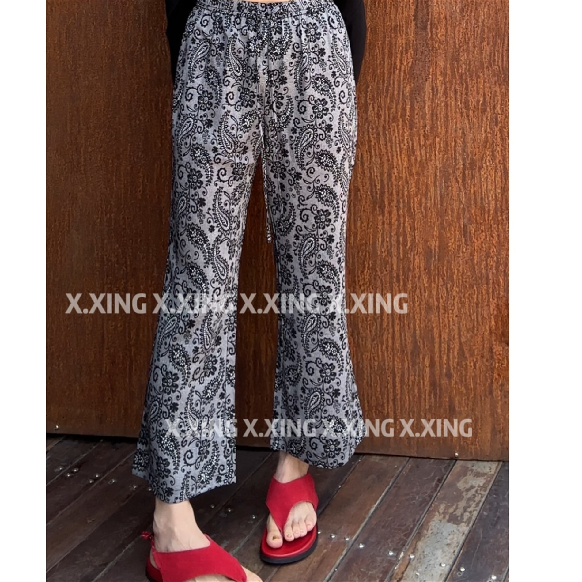 X.x.夏季阔腿裤薄款时尚显瘦腰果花休闲印花休闲裤C31-1271