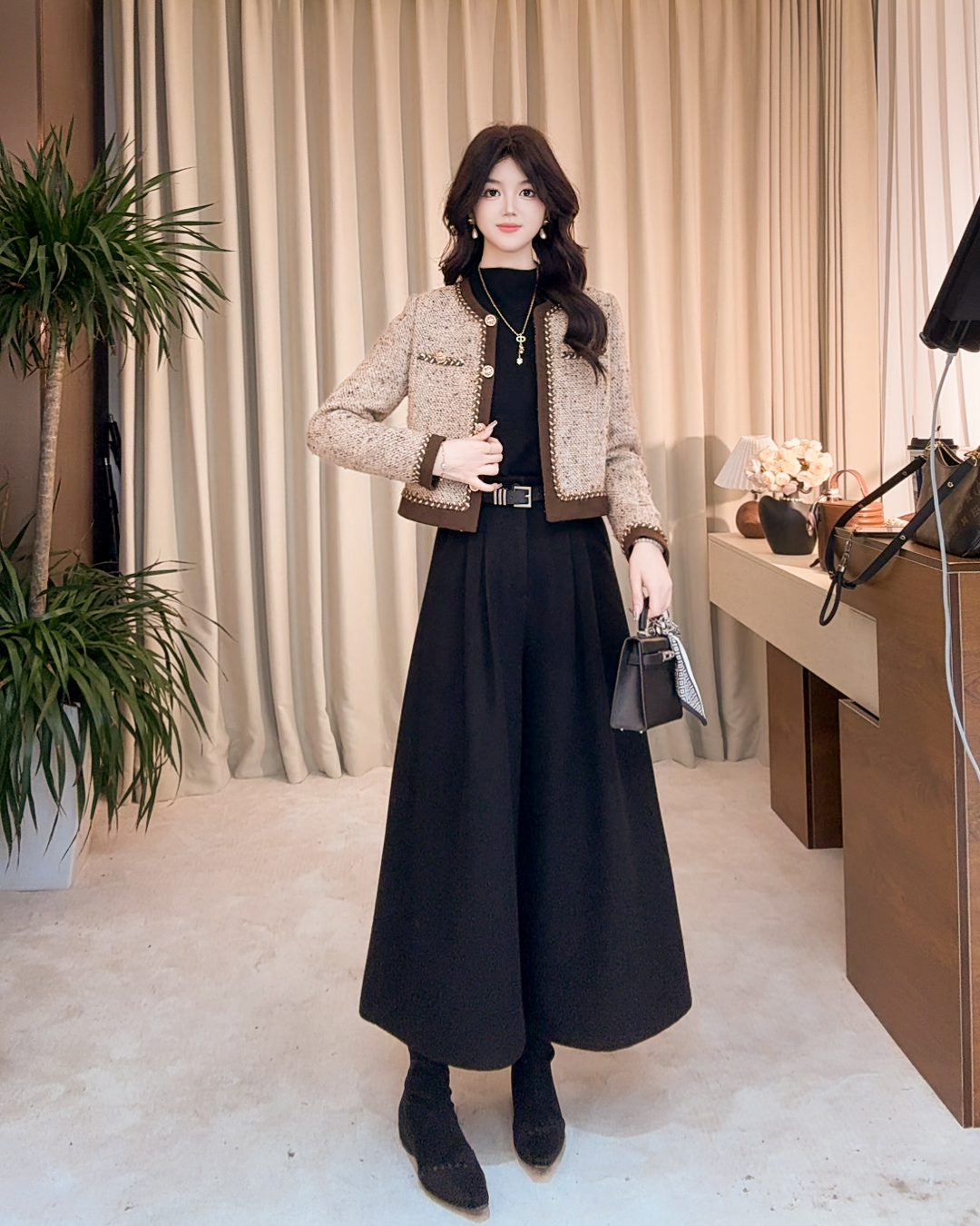 【加棉上衣+黑色裤子】2025秋冬新款小香风气质洋气轻奢长袖套装