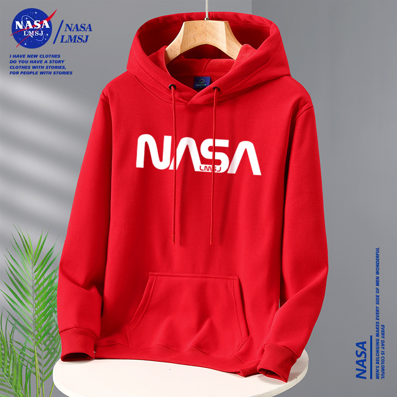 NASA联名潮牌爆款2026新款春秋男士加绒加厚连帽卫衣男款红色帽衫