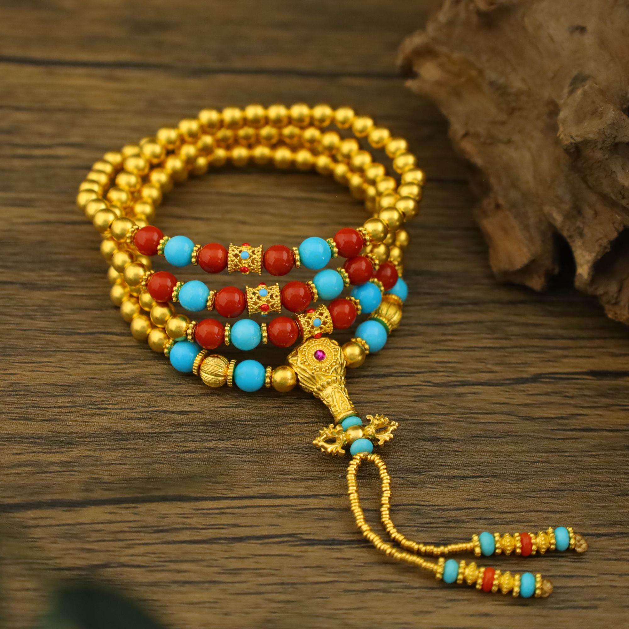 朝銮黄金古法金珐琅彩金刚杵 南 红美松108颗足金手串 毛衣链