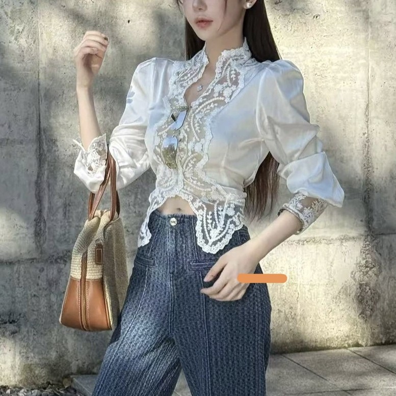 T台走秀设计感INS风蕾丝拼接衬衫上衣