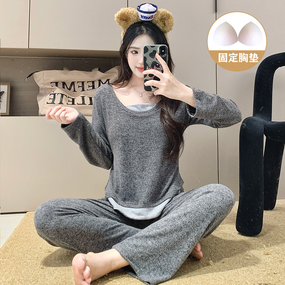 庆同睡衣女新款冬季带胸垫灰色长袖长裤加厚保暖秋冬天家居服套装