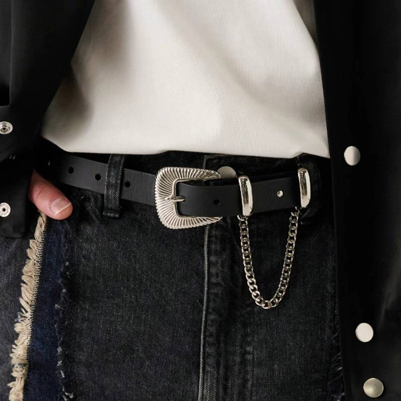 Borrowed Project铆钉搭扣头层牛皮腰带植鞣牛仔匕首链条皮带