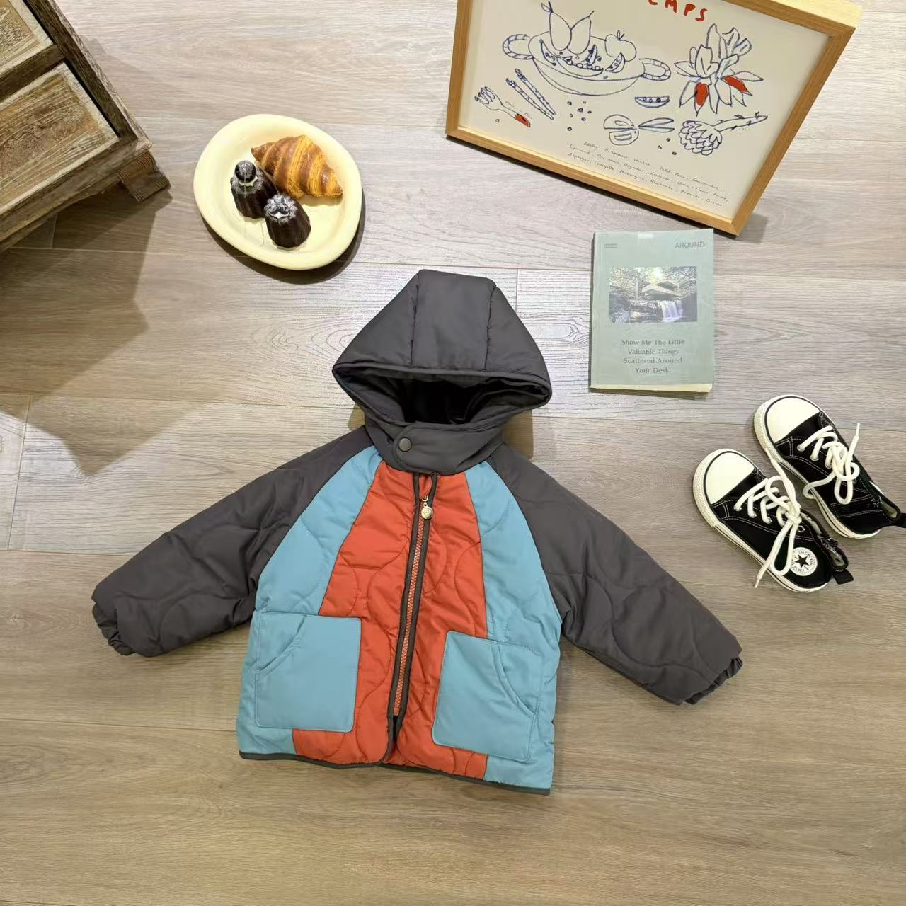 儿童冬季韩版拼色加棉加厚连帽棉服H1802