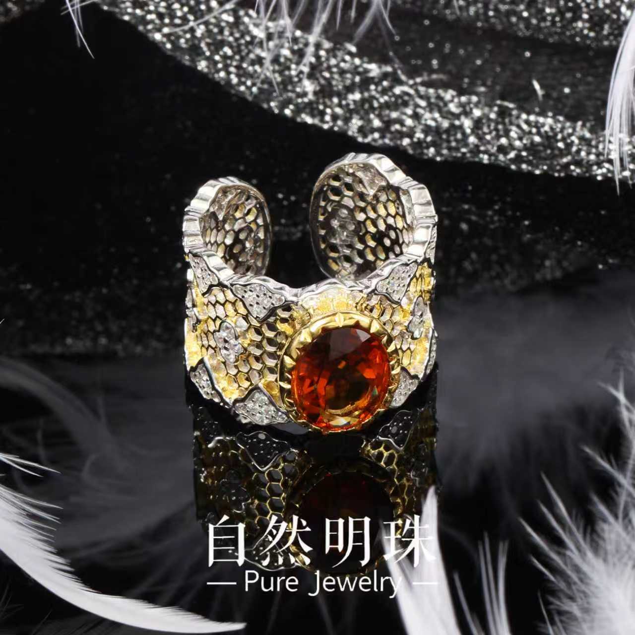 思斯原创【泼天的富贵】暴力黄水晶金红设计款天然水晶S925银饰戒指