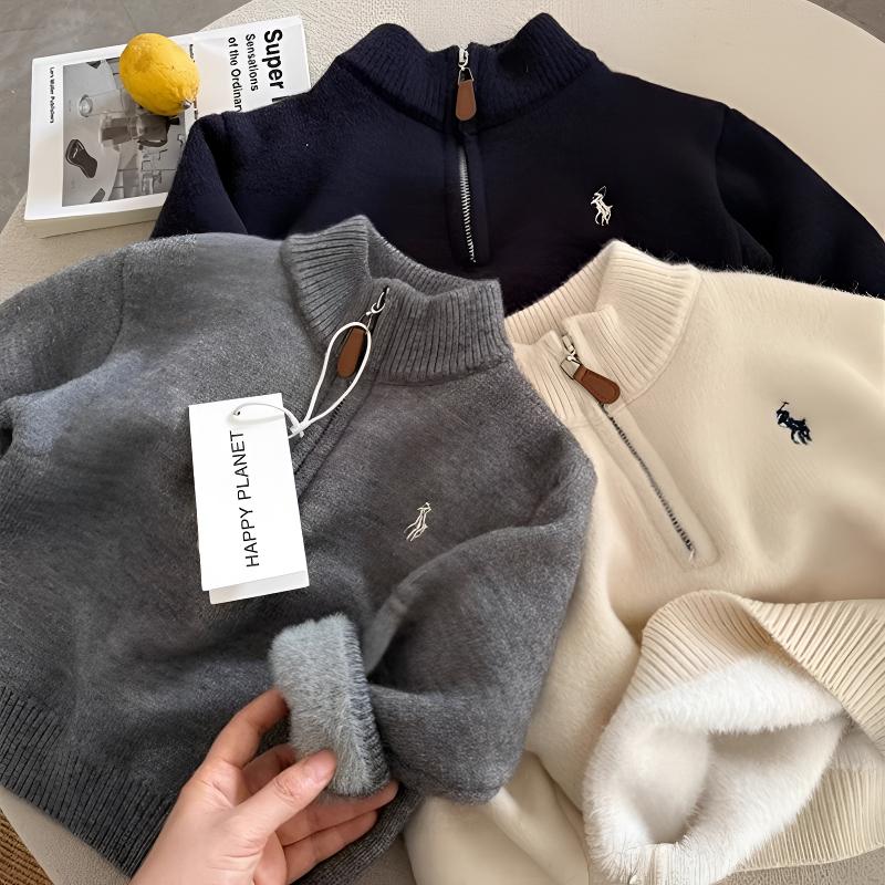 男童毛衣加绒加厚中大童针织衫半拉链套头儿童打底一体绒韩版上衣