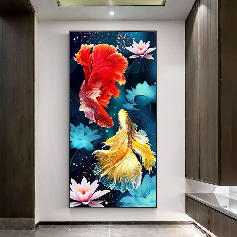 纯手工绣好十字绣成品90065中格竖版荷花锦鲤客厅挂画