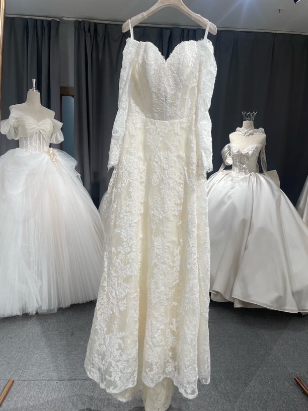 一字肩长袖网红婚纱