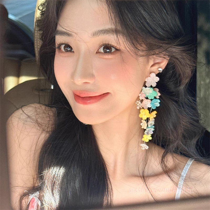 非金属树脂耳饰 夏季多巴胺彩色花朵流苏耳环长款氛围感度假耳饰