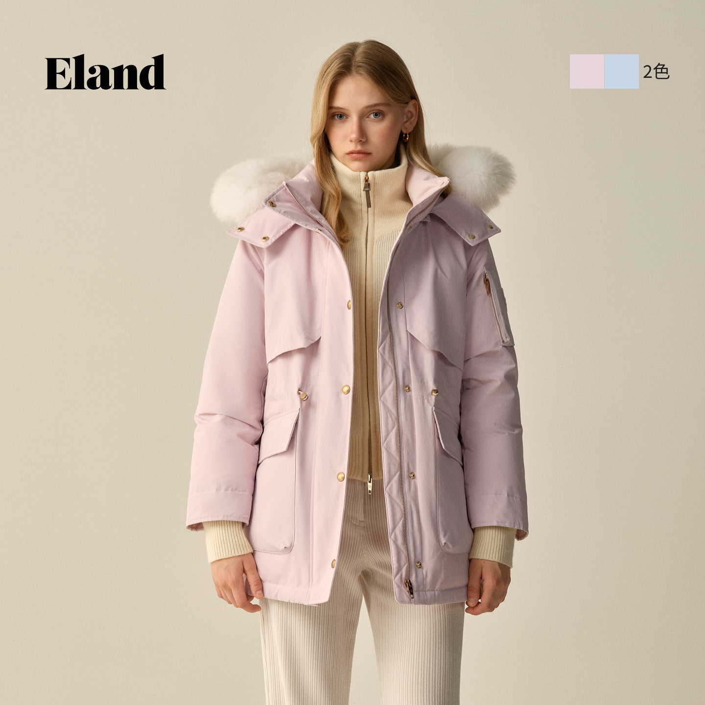 【鹅绒】Eland衣恋羽绒服时尚连帽毛领大口袋外套EEJDF4VE51