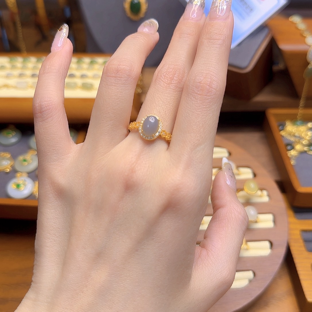 和田玉戒指银S925镀金镶嵌