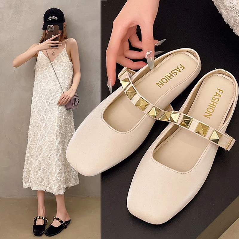 【简】夏季复古港风小方头重工小方头百搭包头半托