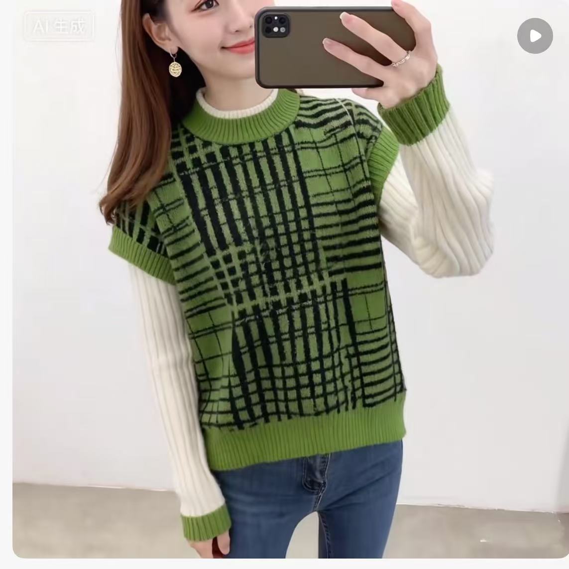 3237衣长58法式假两件针织衫秋冬款温柔拼接撞色衬衫条纹毛衣上衣