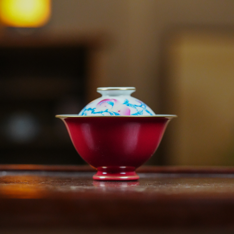【非遗好物】华隐堂-玫瑰红青花斗彩五桃盖碗（华隐S0892）