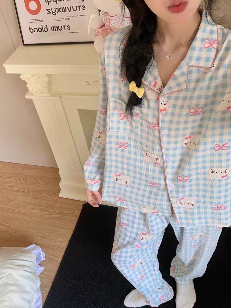 春秋季云朵棉长袖长裤睡衣女宽松卡通蝴蝶结大码可外穿家居服套装