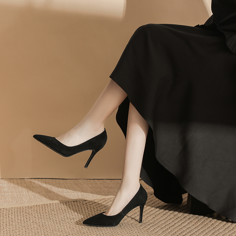 刘亦菲玫瑰的故事通勤新款尖头职业工作秋冬高跟鞋深口真皮女鞋