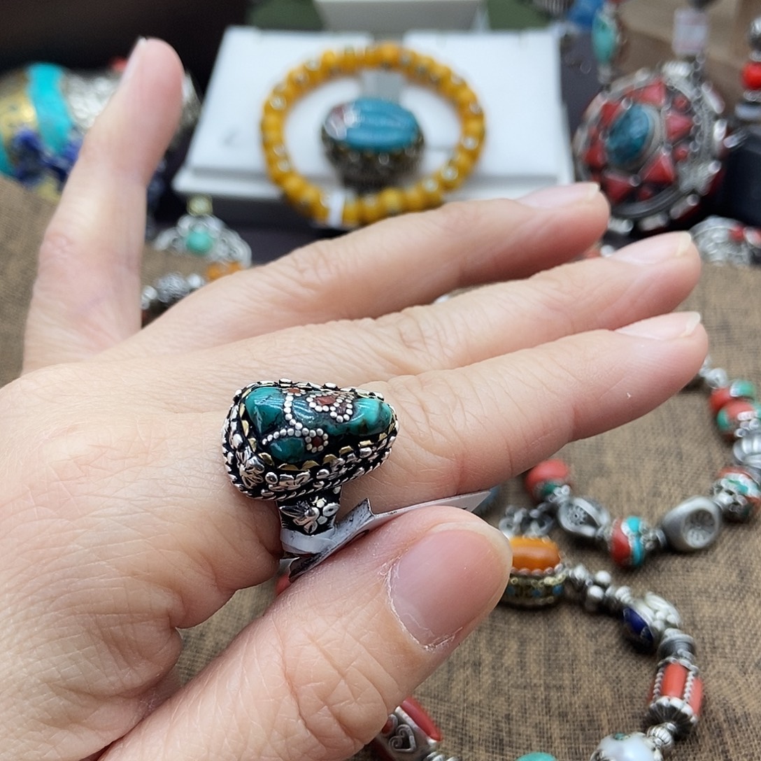 绿松石银S925镶嵌戒指坤尼泊尔手工制作