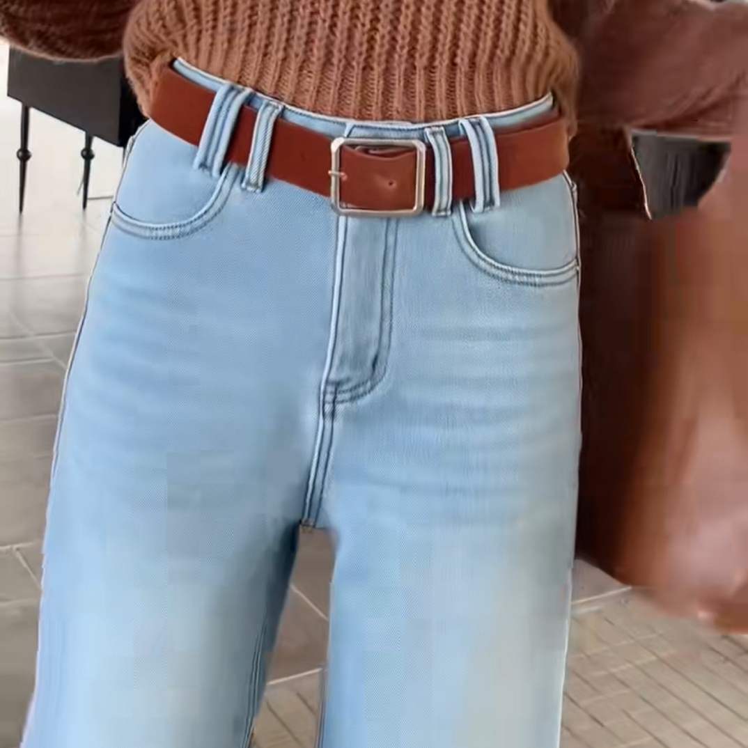 美式复古蓝色加绒直筒裤女2025年秋冬新款显瘦百搭时尚牛仔裤