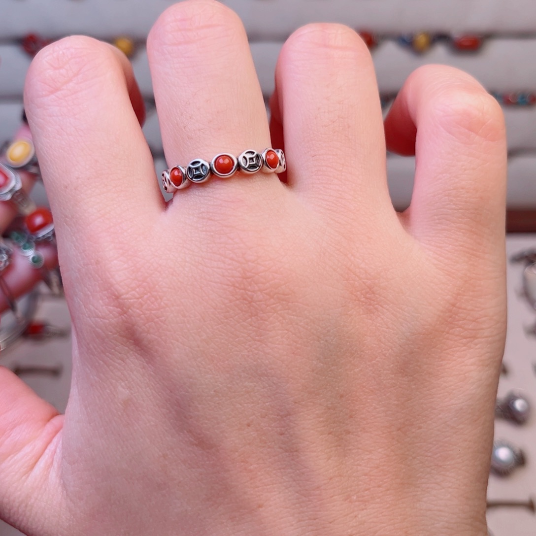 茶***香足银大理石钱串子纯银戒指