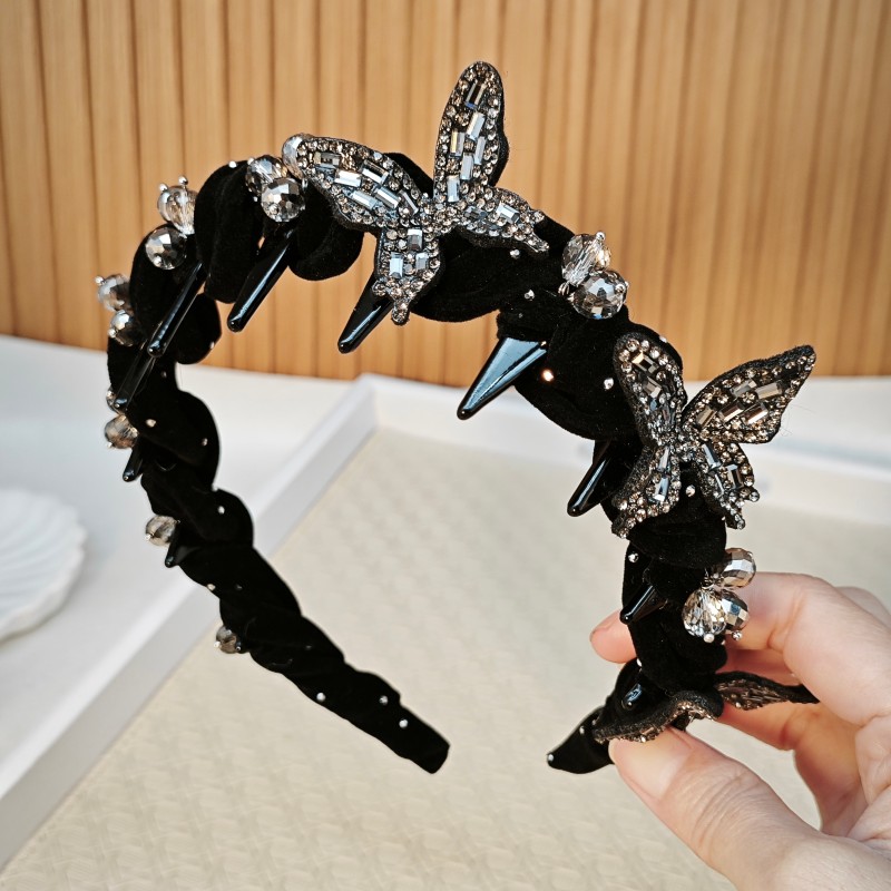 新款秋冬轻奢气质水钻蝴蝶串珠发箍丝绒满天星发卡洋气高颅顶头箍