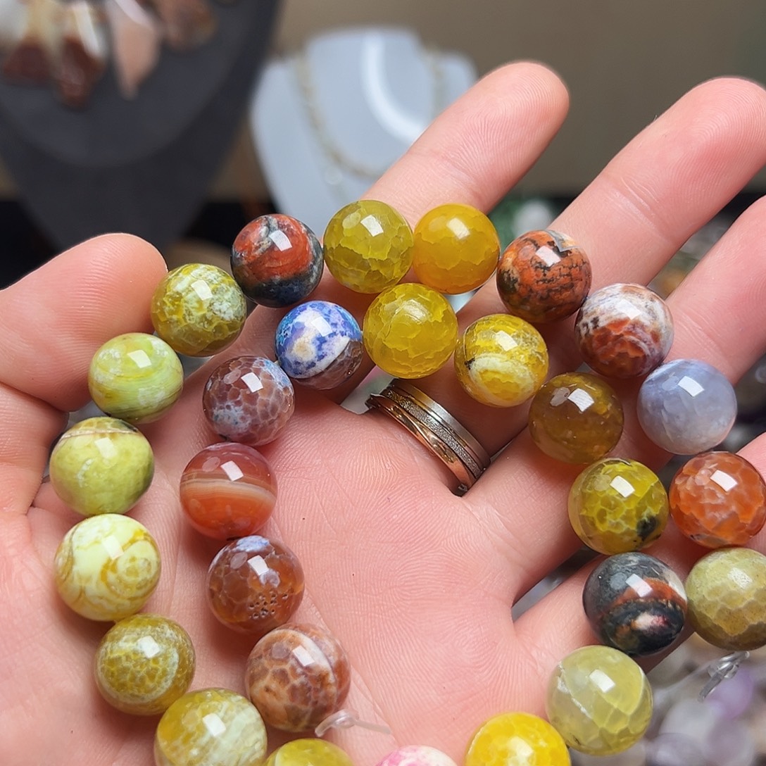 玛瑙/玉髓合金珠宝半成品J772多彩玛瑙圆珠一条114mm