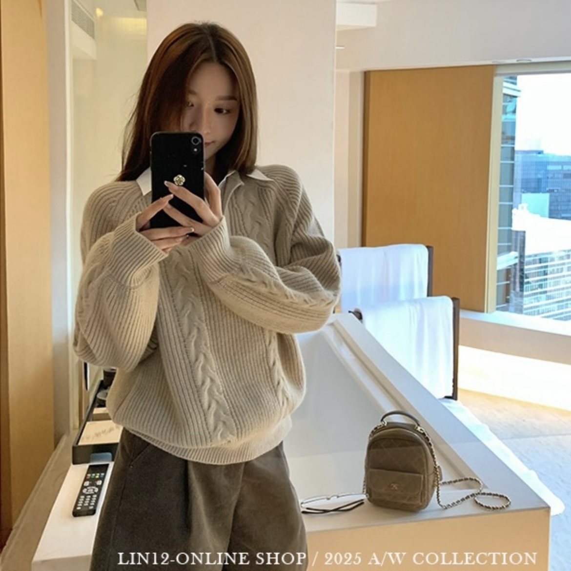 韩版假两件翻领绞花针织毛衣女长袖v领秋冬显瘦百搭上衣