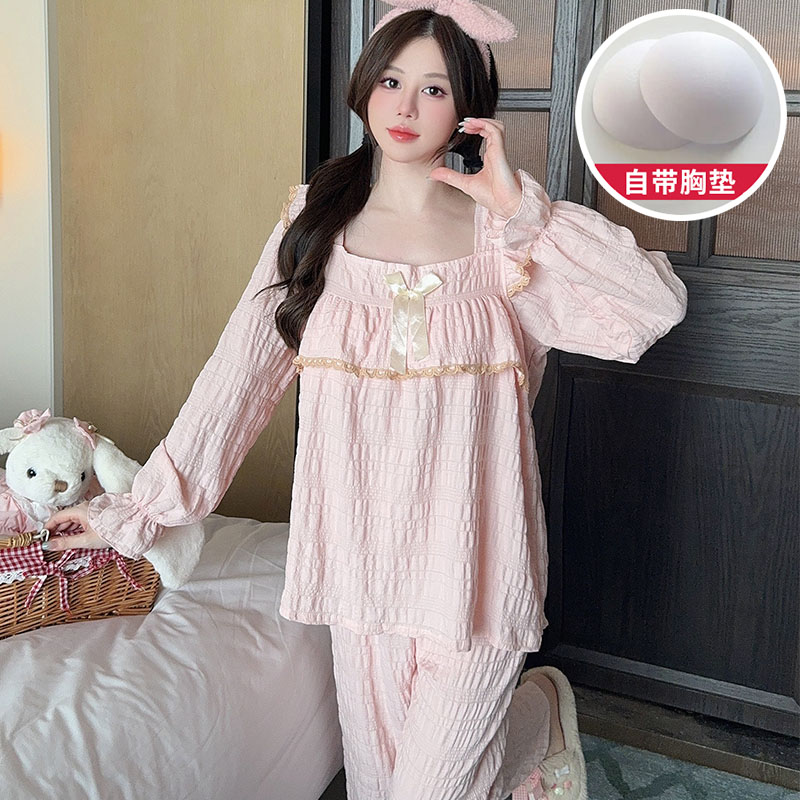 带胸垫春秋季长袖大码甜美公主风女士睡衣宽松可外穿家居服