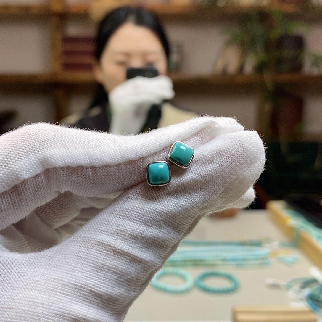 绿松石A13耳钉银S925镶嵌