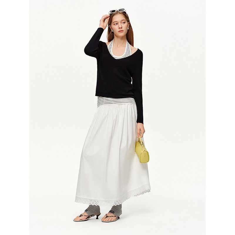 独束女装【灵气裙摆】松紧腰打揽蕾丝边半裙清新半身裙26DS81022