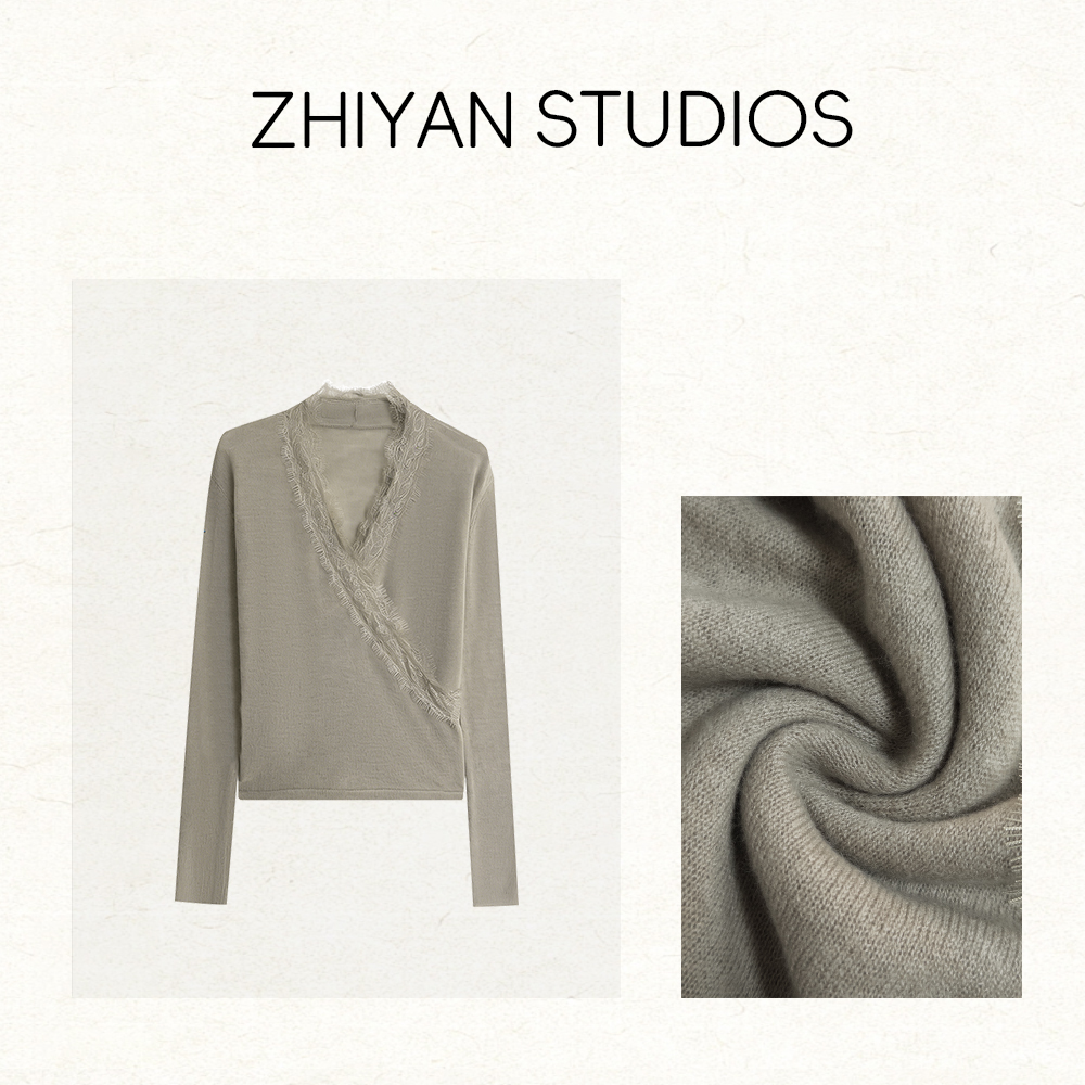 【静奢】法式蕾丝拼接交叉V领套头打底衫60259