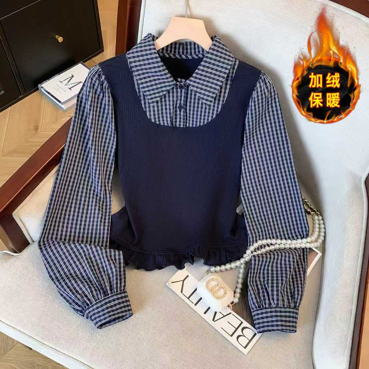 洋气复古格子衬衫假两件拼接POLO领上衣女春秋显瘦打底衫