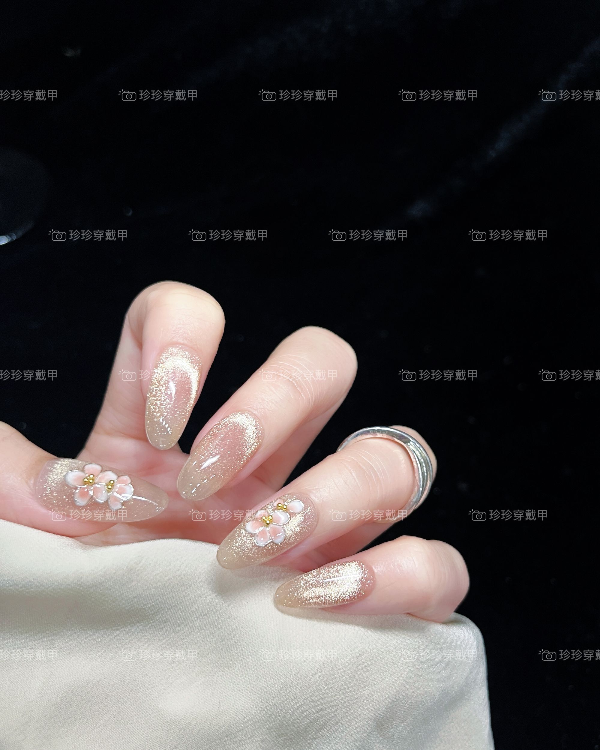 【落樱庭】珍珍手工穿戴甲温柔气质裸色猫眼晕染花卉可拆卸美甲贴片