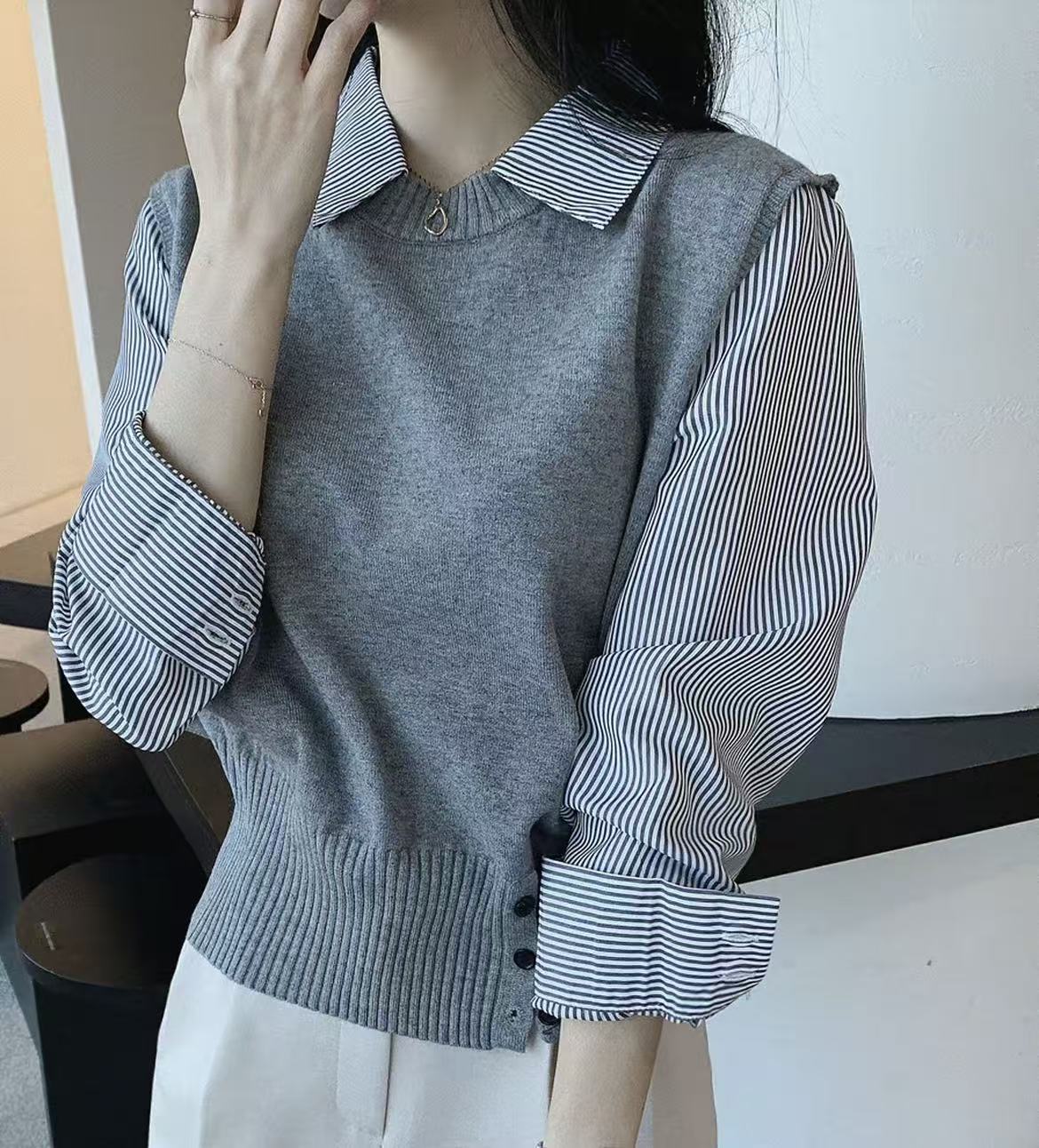 秋季新款法式拼接针织假两件条纹衬衫女装高级设计感长袖针织