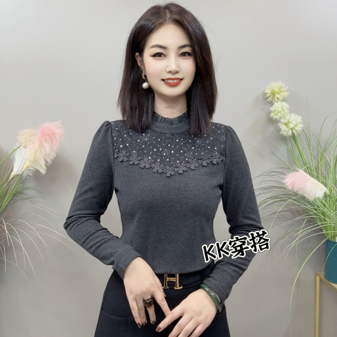 【KK】YBB2575冬季上新花瓣装饰纯色小花边领款气质百搭衬衫