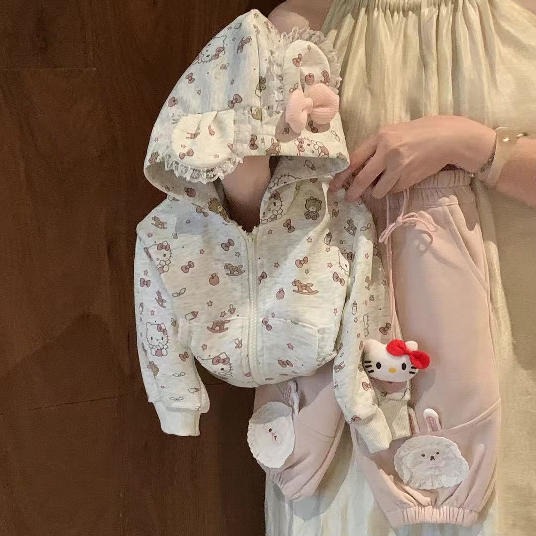 女童套装秋装2025新款小童女宝宝洋气可爱卡通长袖开衫连帽外套潮